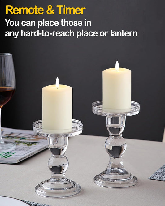 Gmnee 3"x4" Flickering Flameless Candles with Remote Timer, Real Wax, Ivory Pillar Candles, Set of 3 Fake LED Battery Operated Candles for Home, Fireplace, Centerpiece, Rustic and Farmhouse Decor