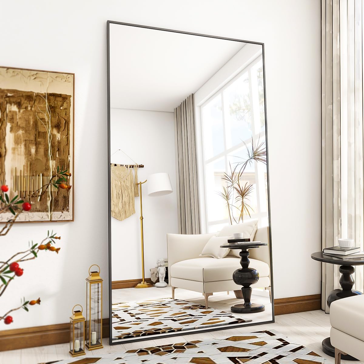 VooBang Mirror Full Length - 21" x 57" Floor Mirror with Stand, Aluminum Alloy Frame Full Body Mirror, Standing Hanging or Leaning Against Wall for Bedroom and Living Room, Black