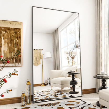 VooBang Mirror Full Length - 21" x 57" Floor Mirror with Stand, Aluminum Alloy Frame Full Body Mirror, Standing Hanging or Leaning Against Wall for Bedroom and Living Room, Black