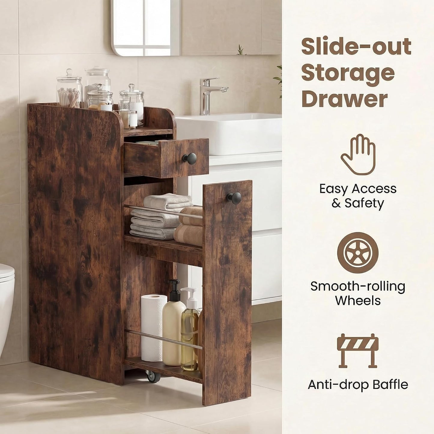Tangkula Slim Bathroom Storage Cabinet, 4-Tier Narrow Small Side Storage Cabinet Next to Toilet, Slide Out Drawers on Casters, Bathroom Floor Organizer Toilet Paper Holder for Small Spaces (White)