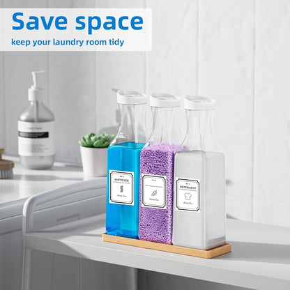 Laundry Detergent Dispenser,54OZ Laundry Soap Dispenser,Liquid Laundry Detergent Container,Fabric Softener Dispenser with Bamboo Wood Tray,Laundry Room Organizer with 4 Labels
