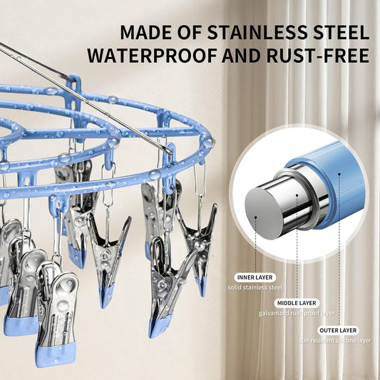 PHYDELU Drying Rack Clothing with 20 Clips，Sock Hanger for Drying，Hanging Clothes Dryer Underwear Hangers Racks Laundry Herb Socks Panty Wet Bra Lingerie Baby Delicates Foldable Small Indoor Metal