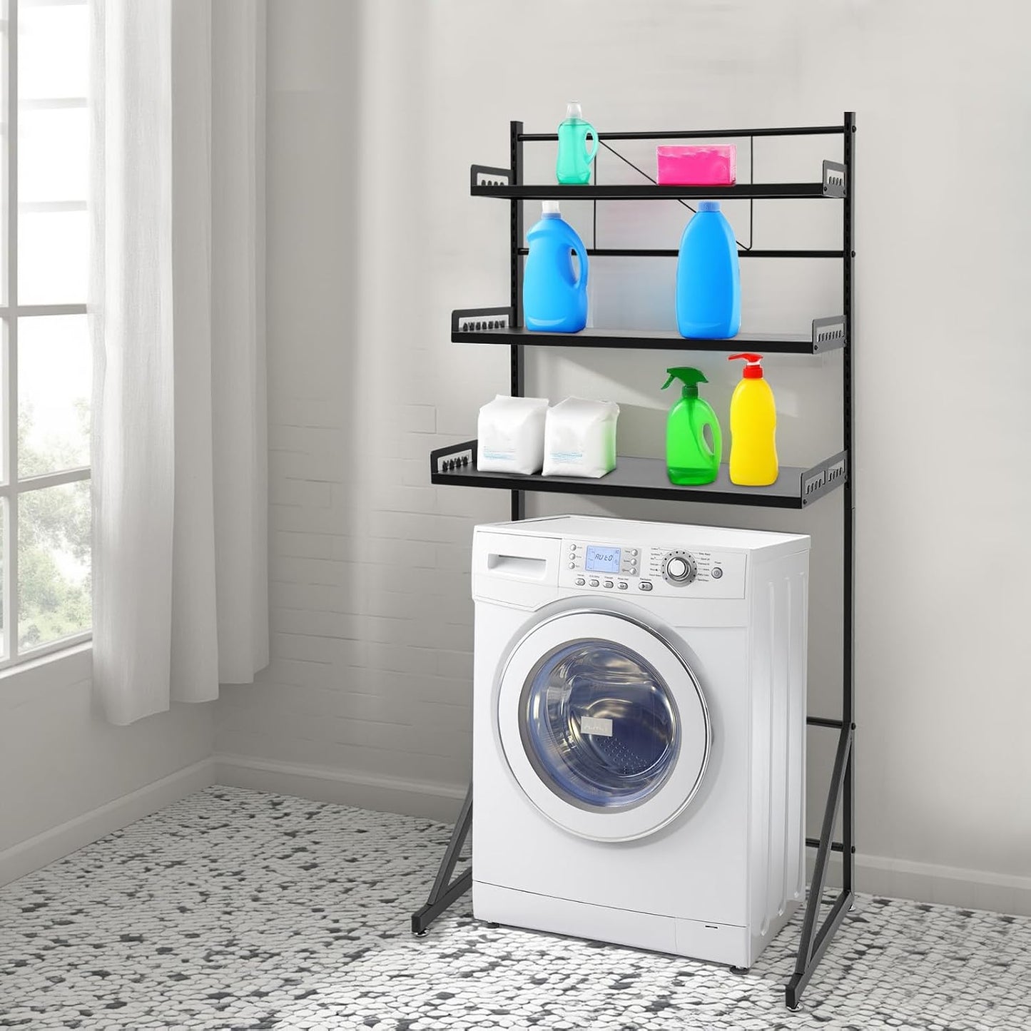 Adjustable Height Laundry Room Shelves for Laundry Room Organization 3 Tiers Laundry Room Organization Shelves Over The Washer and Dryer Storage Shelf (Black, 26.8×18.3×64in)