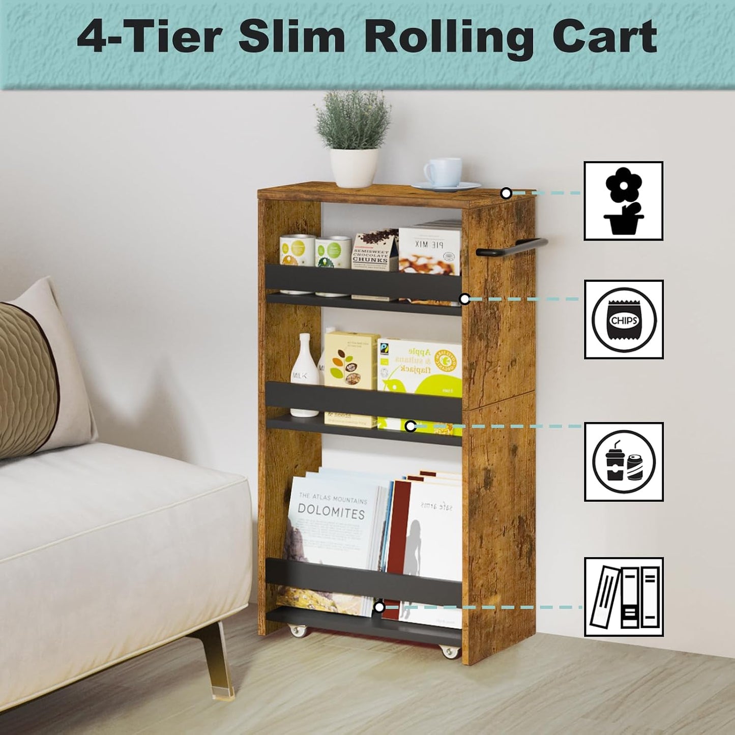 MARTY Slim Rolling Storage Cart 4-Tier Kitchen Cart with Wheels, Laundry Room Storage with Handle Slide Out Utility Cart Shelving Unit Organizer Trolley for Narrow Places Bathroom Small Corner, Black
