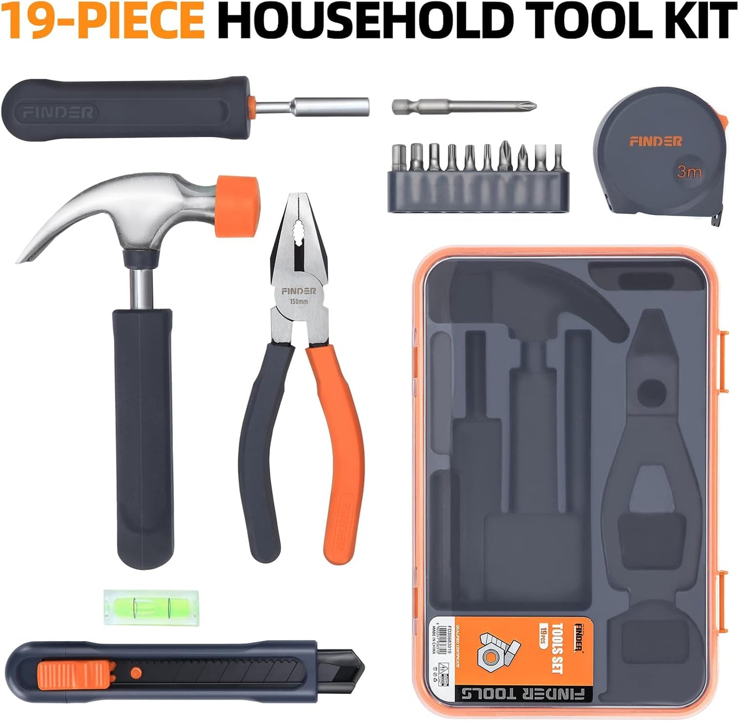 Finder Small Tool Kit 19 Piece General Household Tool Set, Mini Tool Kit Basic Hand Tools Kit with Plastic Toolbox Storage Case for Home Repair (Orange)