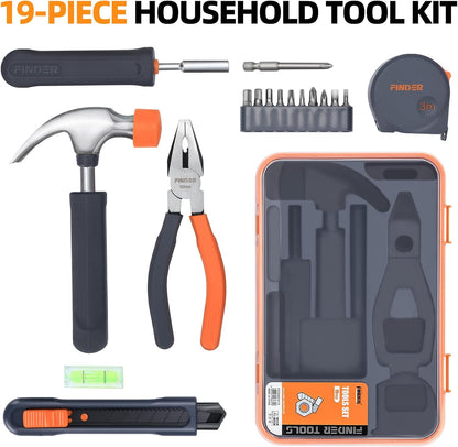Finder Small Tool Kit 19 Piece General Household Tool Set, Mini Tool Kit Basic Hand Tools Kit with Plastic Toolbox Storage Case for Home Repair (Orange)