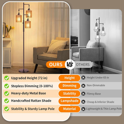 Hotsonic 72" Tall Boho Rattan Style Floor Lamp with Hand-Woven Paper Cord Shade, Dimmable Industrial Tree Standing Lamp for Living Room, Bedroom, Study Room, Office (3 x 800LM Bulbs Included) - Black