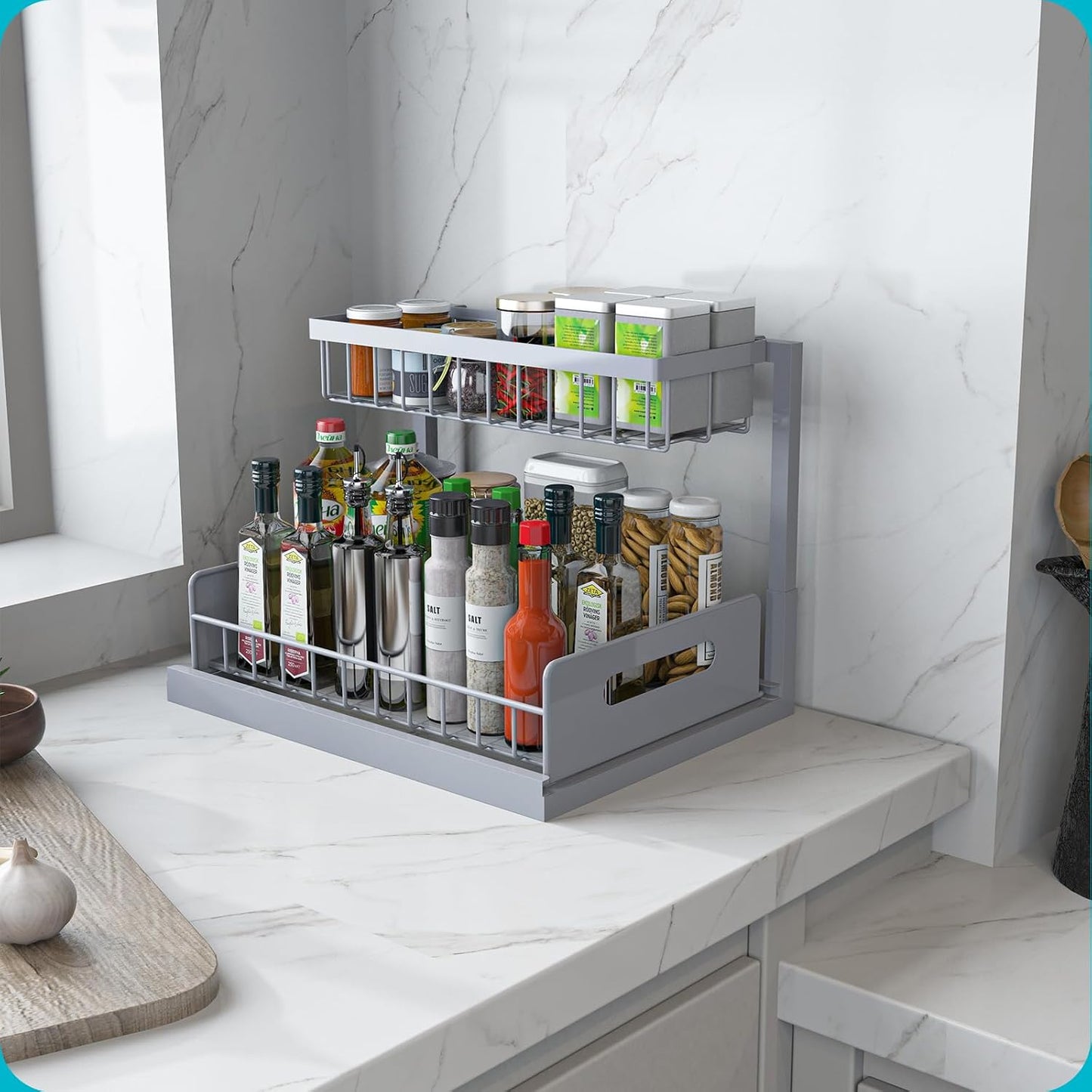 REALINN Under Sink Organizer, Pull Out Cabinet Organizer, 2 Tier Metal Slide Out Shelf with L Shaped Design for Kitchen, Bathroom, Laundry, and Utility Cabinet Storage for Deep Cabinets, White, 2 Pack