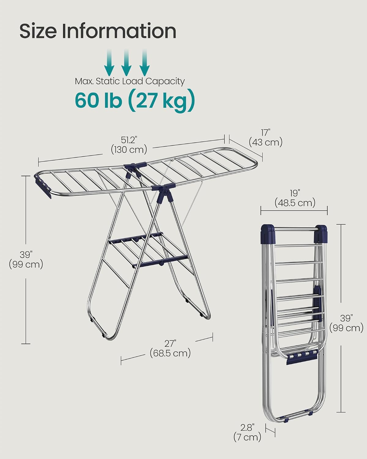 SONGMICS Clothes Drying Rack, Foldable Laundry Drying Rack, Blue | Sock Clips, Metal Clothes Airer with Height-Adjustable Gullwings, Space-Saving, Indoor Outdoor, ULLR505EQ01