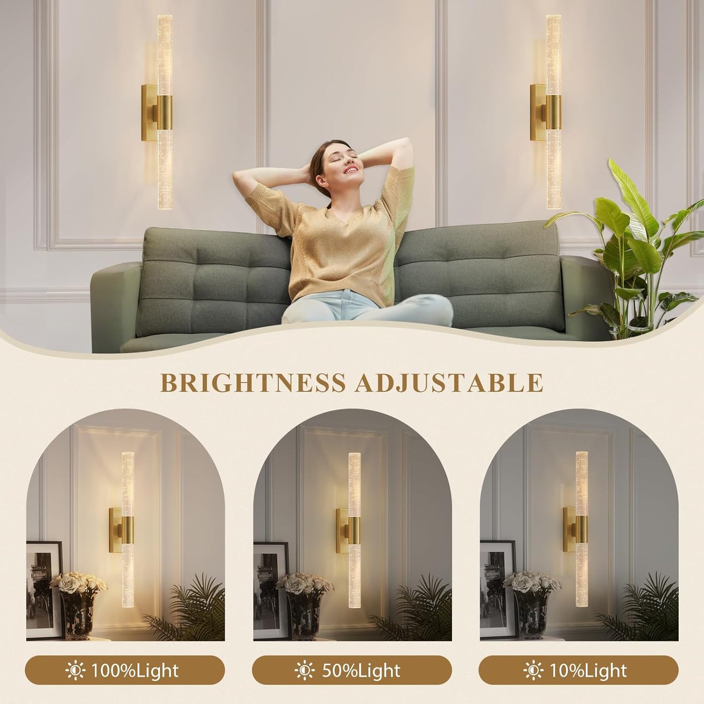 camuucci Battery Operated Wall Sconces Set of 2 Rechargeable Battery Powered Wall Light with 12000mAh Not Hardwired Dimmable Wall Lamp Fixtures for Bedroom Living Room Gold 15.3 Inches