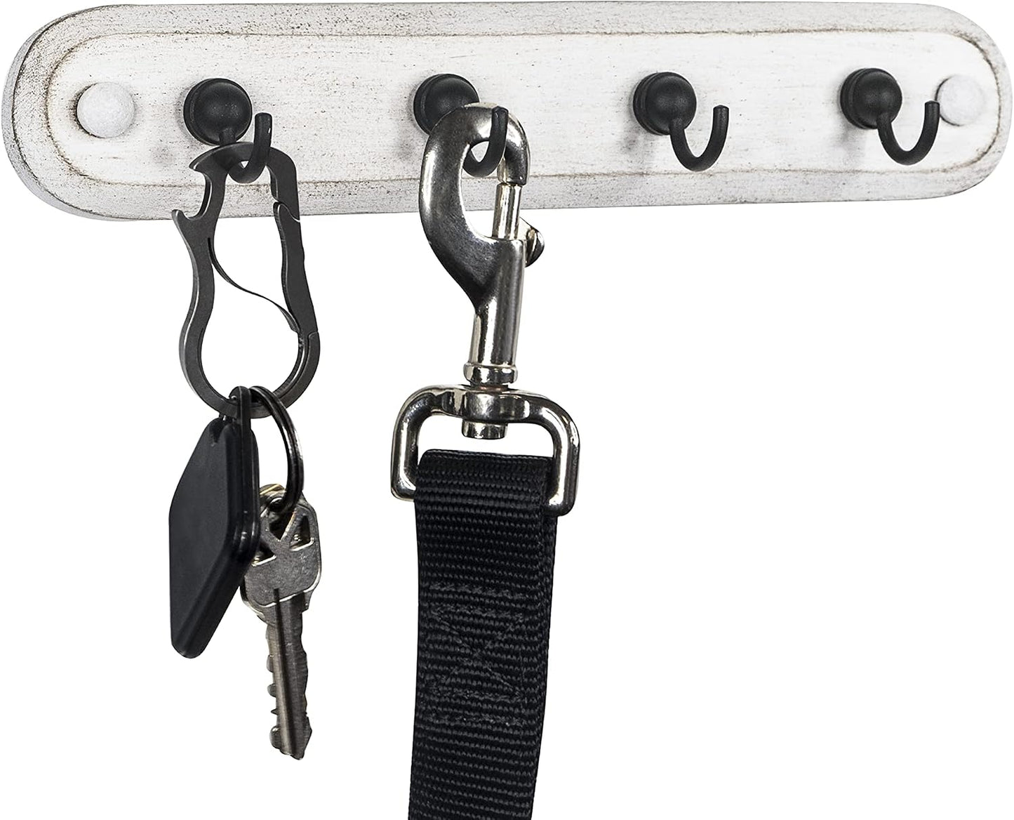 Spectrum Farmhouse Key Holder Wall Mount Rack for Entryway Garage Mudroom Hanging Organization, Easy Install Rustic Key Ring Holder Rack for Keychains Rings & Fobs, White Washed with Black Hooks