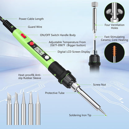 Soldering Iron Kit, 80W 110V LCD Digital Solder Iron Pen with Ceramic Heater, Portable Welding Tools with 5pcs Tips, Stand, Solders Wire, Sponge, Paste, for Metal,Electric Repairs, DIY