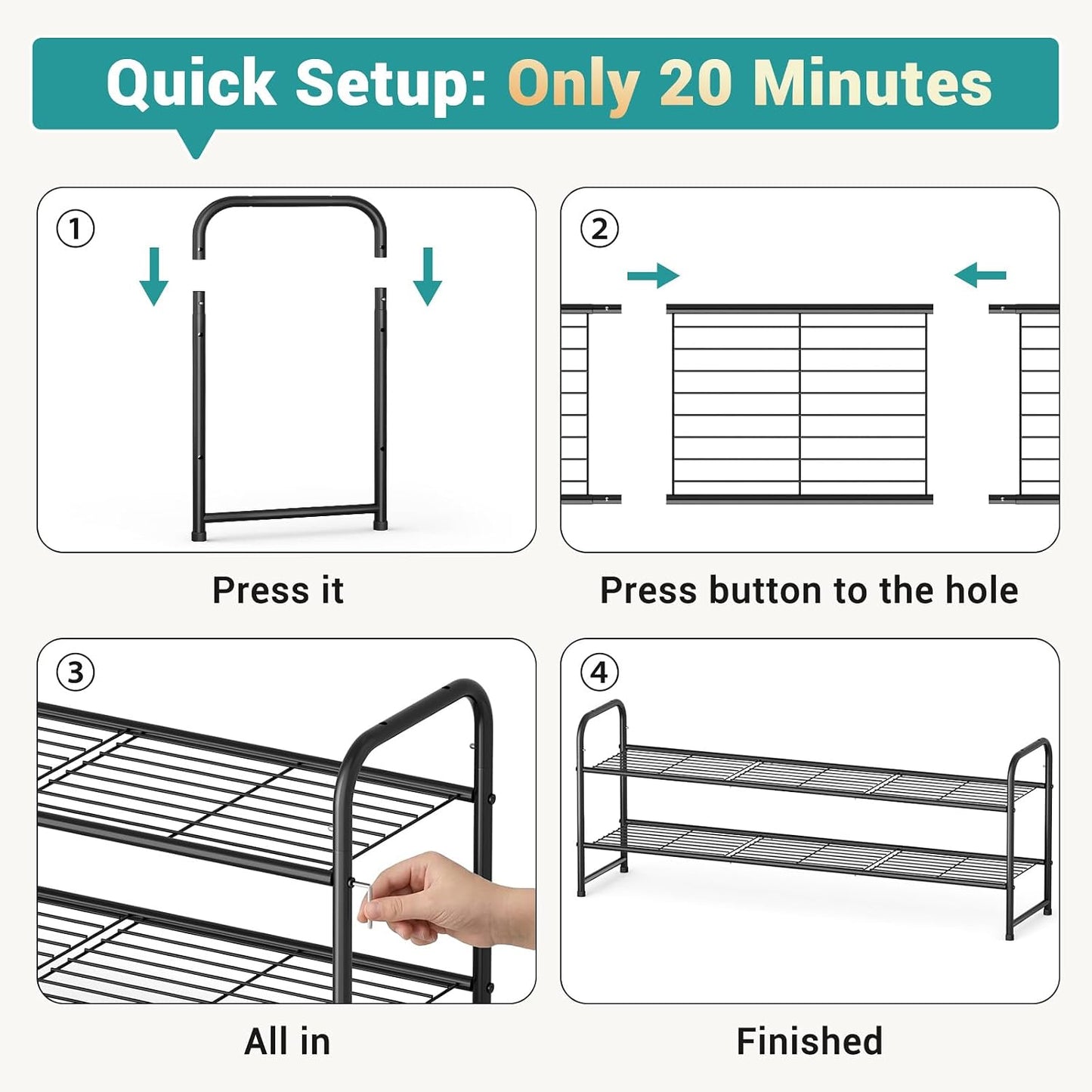 AOODA Long 3 Tier Metal Shoe Rack for Closet Wide Stackable Shoe Storage Organizer for Entryway, Bedroom, Floor, 24-Pairs Men Sneakers Shoe Shelf with Wire Grid, Black