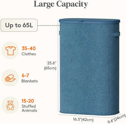 Lifewit Slim Laundry Basket with Lid, Narrow Laundry Hamper with Plastic Handles and Removable Bag, Tall Foldable Dirty Clothes Hampers for Laundry Room, Bedroom, Bathroom, Dorm, 65L Beige