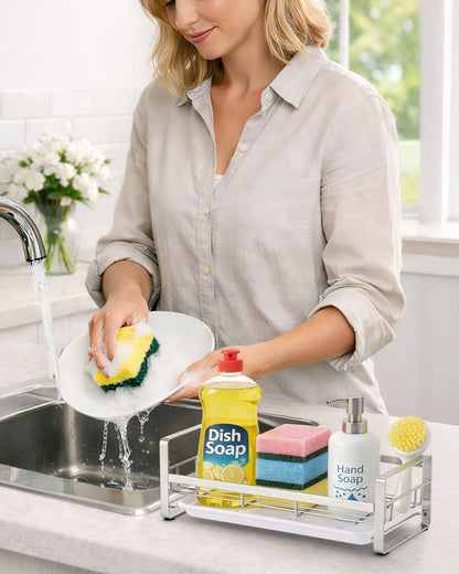 HULISEN Kitchen Sink Sponge Holder, 304 Stainless Steel Kitchen Soap Dispenser Caddy Organizer, Countertop Soap Dish Rack Drainer with Removable Drain Tray, not Including Dispenser and Brush
