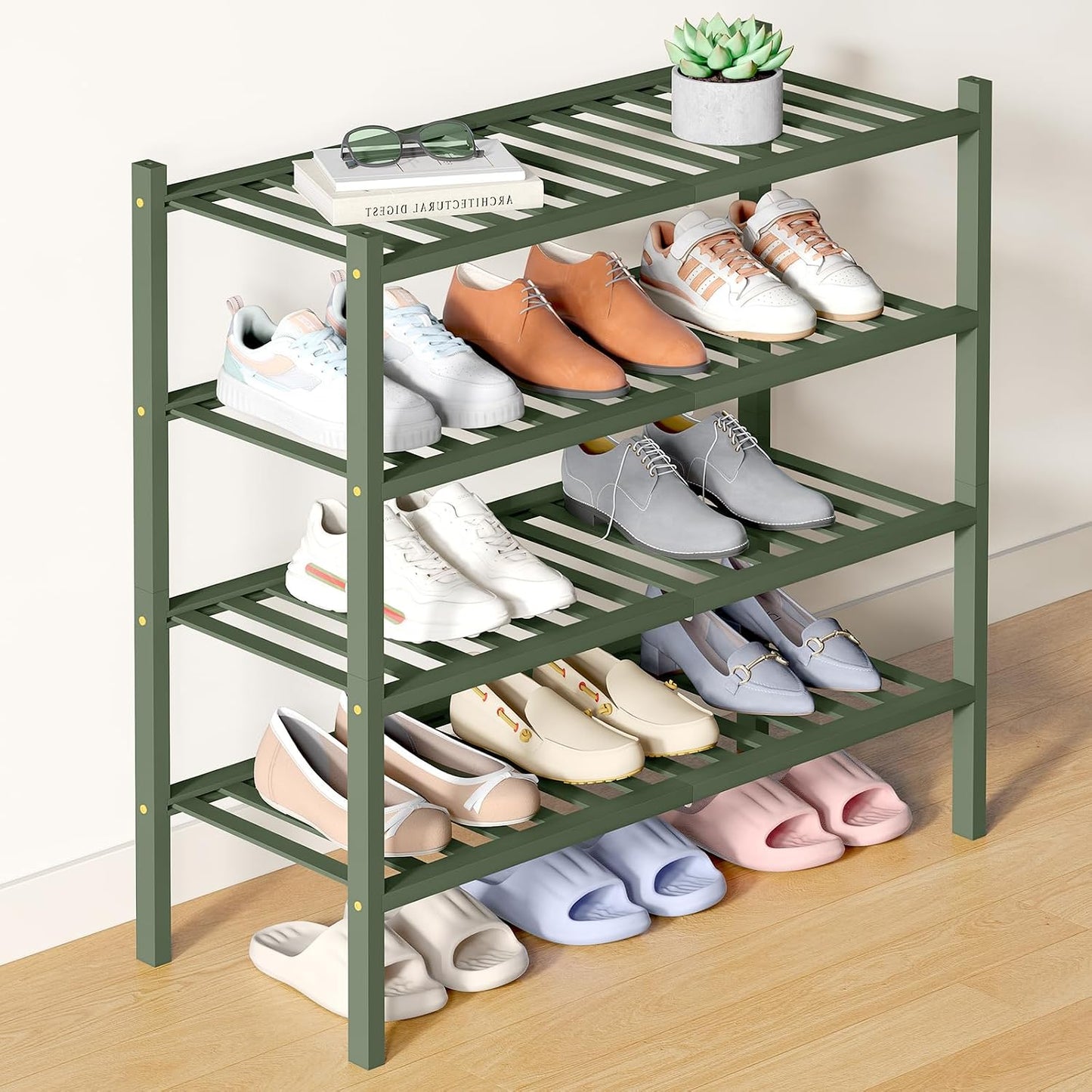 Smiry Bamboo Shoe Rack for Closet, 3 Tier Wooden Shoe Organizer, Stackable Wood Shoe Storage Shelf for Entryway, 14 Vertical Slats, One-piece Heavy-Duty Legs, 26.77"x11.02"x18.31", Natural