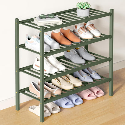 Smiry Bamboo Shoe Rack for Closet, 3 Tier Wooden Shoe Organizer, Stackable Wood Shoe Storage Shelf for Entryway, 14 Vertical Slats, One-piece Heavy-Duty Legs, 26.77"x11.02"x18.31", Natural