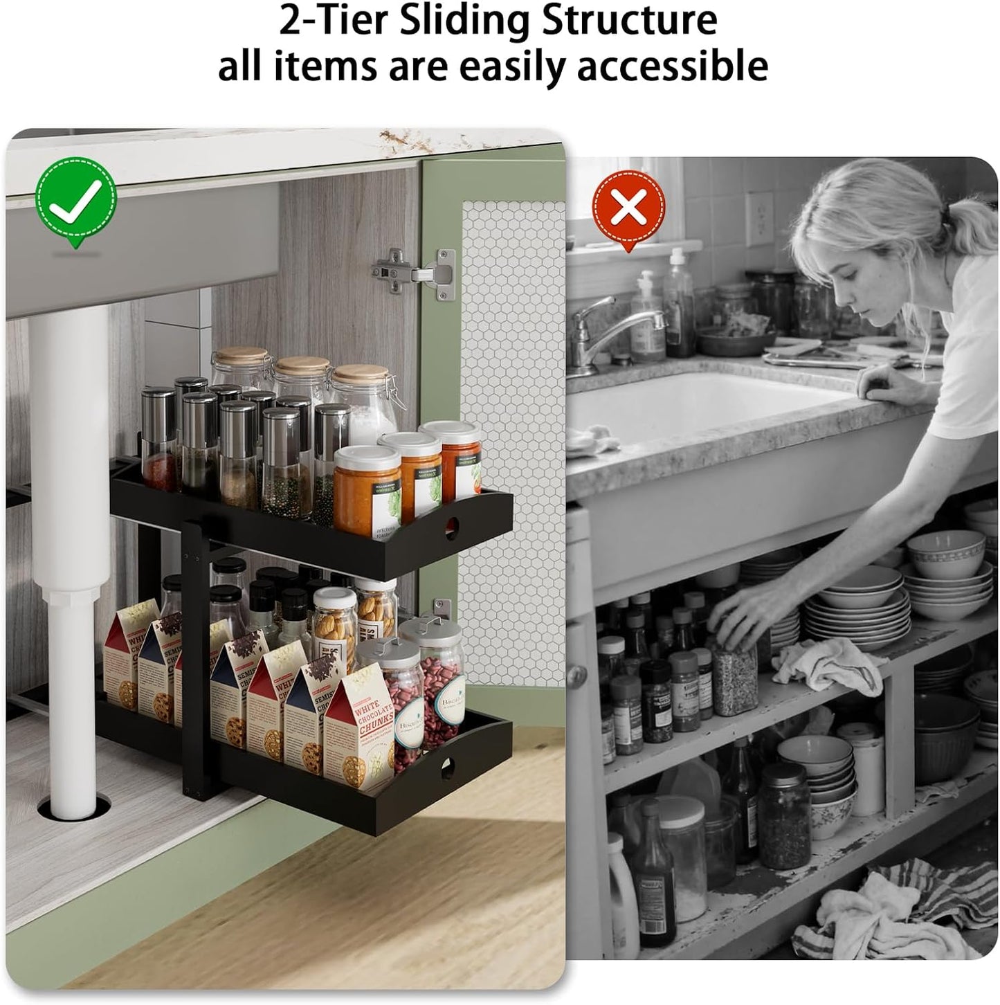 APRTAT 2 Pack Under Sink Organizer, Bamboo Wooden 2-Tier Pull-Out Storage with Sliding Drawers for Kitchen and Bathroom Cabinets, Easy Installation (Natural)