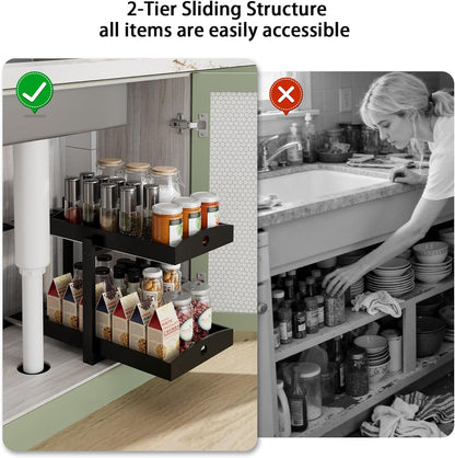 APRTAT 2 Pack Under Sink Organizer, Bamboo Wooden 2-Tier Pull-Out Storage with Sliding Drawers for Kitchen and Bathroom Cabinets, Easy Installation (Natural)