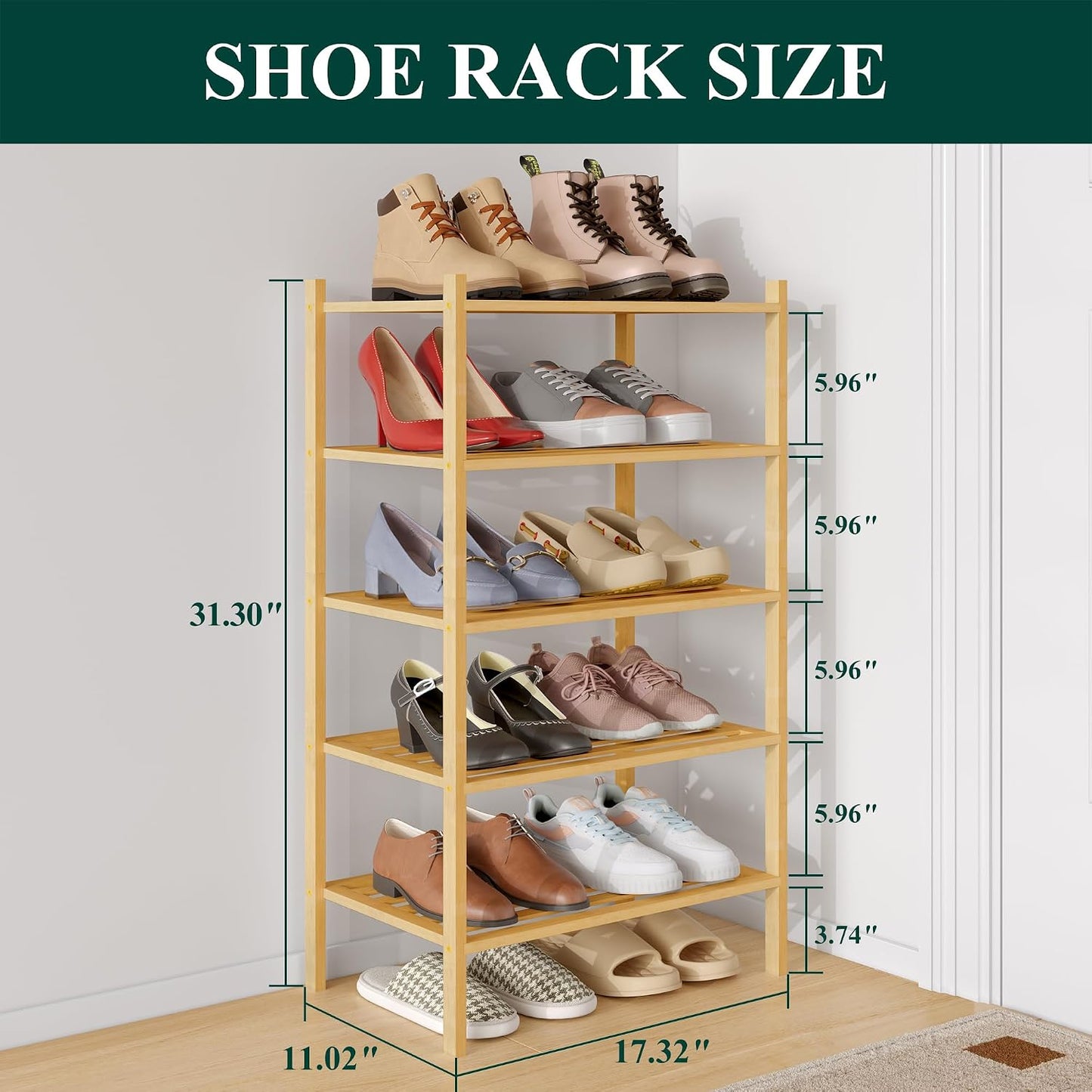 Smiry Bamboo Shoe Rack, 3 Tier Free Standing Wooden Shoe Organizer, Stackable Wood Shoe Storage Shelf for Closet, Entryway, 5 Horizontal Slats, 26.8"x11"x18.3", Natural
