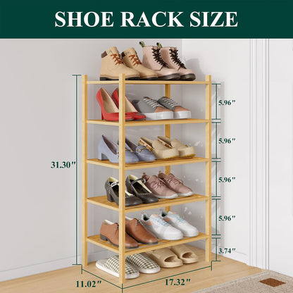 Smiry Bamboo Shoe Rack, 3 Tier Free Standing Wooden Shoe Organizer, Stackable Wood Shoe Storage Shelf for Closet, Entryway, 5 Horizontal Slats, 26.8"x11"x18.3", Natural