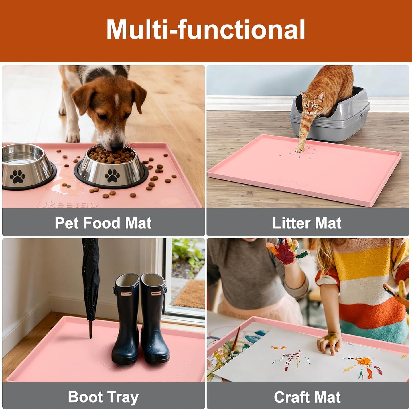 ukeetap Extra Thick Silicone Mat Waterproof with Raised Edge 19” x 12”, BPA Free Non-Slip Dog & Cat Food Mat, Feeding Mat for Food and Water Bowls, Spill Proof Mat to Protect Floors, Black
