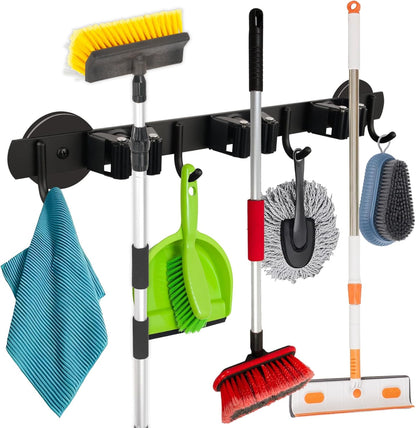 MUTUACTOR Heavy Duty Magnetic Broom Holder,Anti-slip Magnetic Tool Rack with Top Utility Shelf, Easy Assembly Broom Mop Organizer for Refrigerator Metal Cabinet Laundry Room Kitchen,3-Clamps 4-Hooks