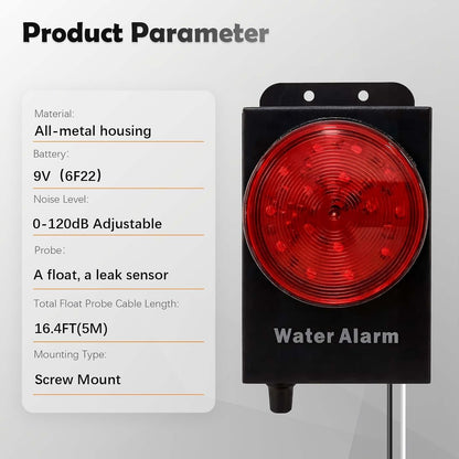 Water Level Leak Alarm with 16.4Ft 2 Sensors,120dB Strobe, Metal | 9V Battery-Powered, Dual Sensors Float Switch and Leak Probe, Adjustable Volume, For Sump Pump Dishwasher Under Sink Basement