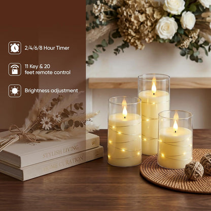 Amagic Red Flameless Candles 3 Set, Flickering Battery Operated Candles Embedded Fairy String Light, Realistic Pillar Candle with Remote Control and Timer, Acrylic, D3 x H4 5" 6"