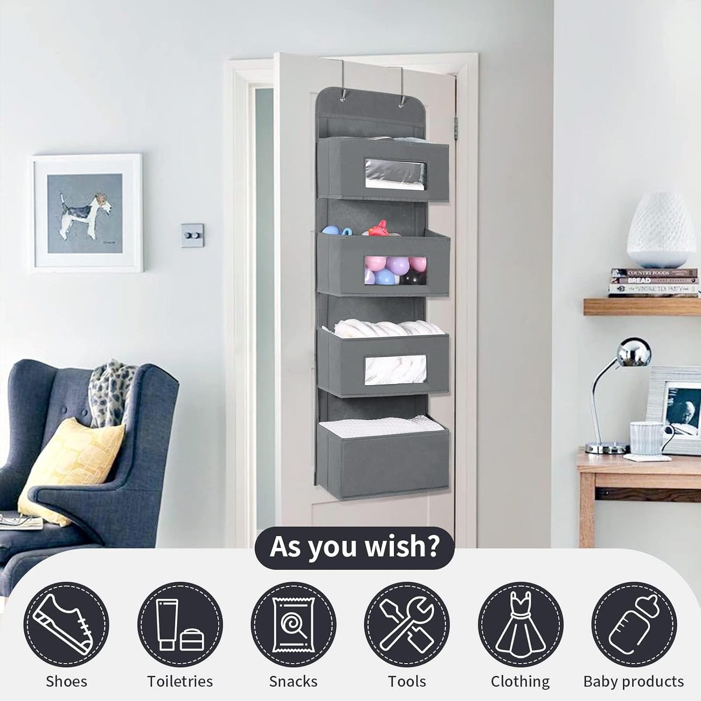 MAX Houser 4-Shelf Over The Door Hanging Organizer with 2 Metal Hooks, Gray | 4 Pocket Swing-proof Behind Door Organizers with Clear Windows for Bathroom Closet, Dorm