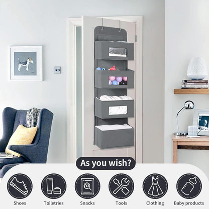 MAX Houser 4-Shelf Over The Door Hanging Organizer with 2 Metal Hooks, Gray | 4 Pocket Swing-proof Behind Door Organizers with Clear Windows for Bathroom Closet, Dorm
