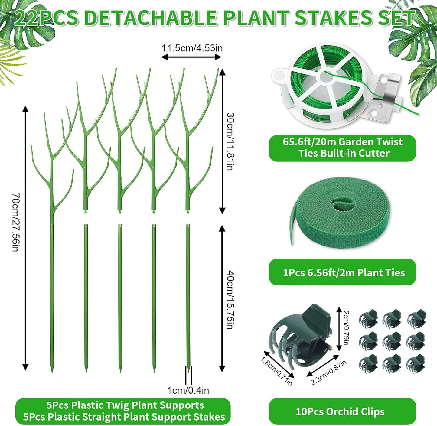 ROADPLUM 4 Pack 39.37" Detachable Twig Plant Support Stakes Set, Blends in to Plant, Branch Plant Sticks with Orchid Clips Twist Plant Ties, Twig Trellis for Indoor Outdoor Plants Potted Plants Flower