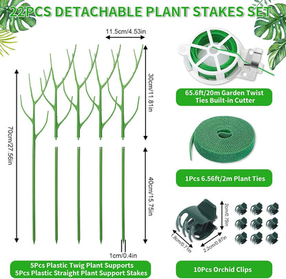 ROADPLUM 4 Pack 39.37" Detachable Twig Plant Support Stakes Set, Blends in to Plant, Branch Plant Sticks with Orchid Clips Twist Plant Ties, Twig Trellis for Indoor Outdoor Plants Potted Plants Flower