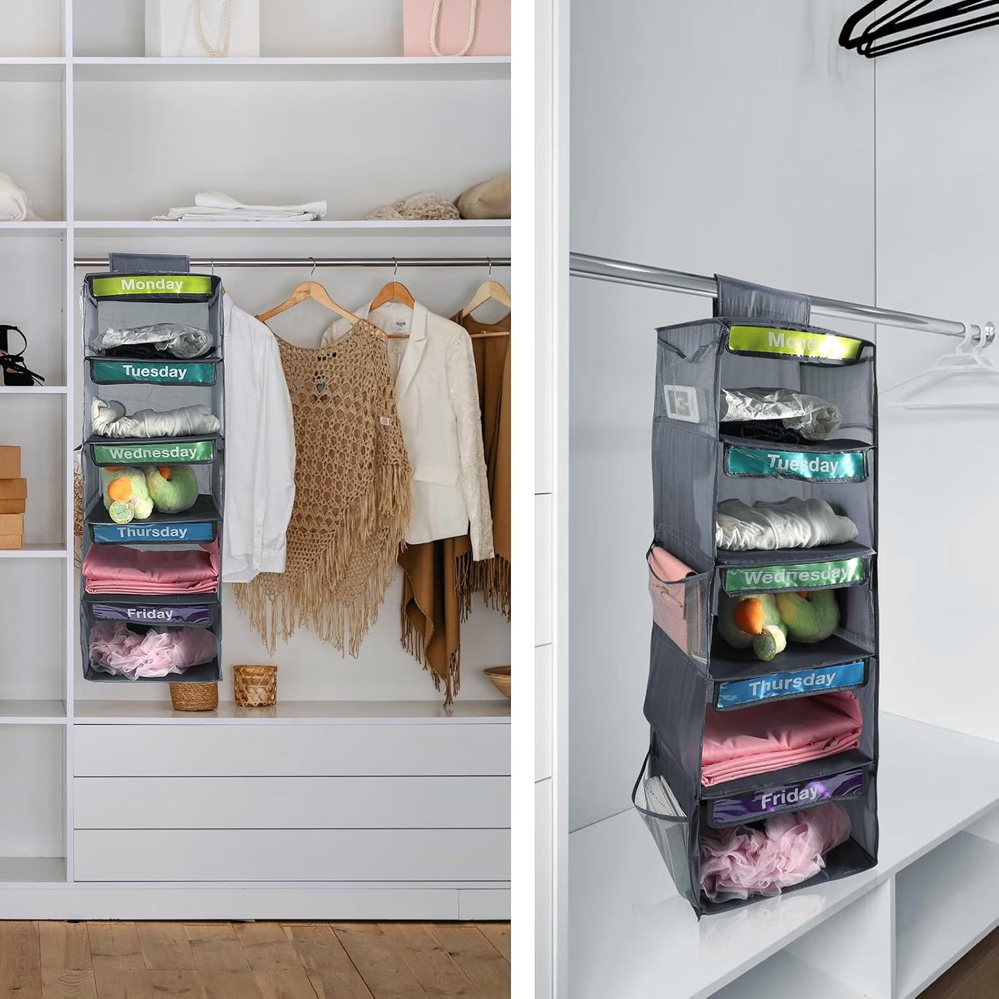 5-Shelf Weekly Clothes Organizer for Kids Days of The Week Hanging Storage Shelves Dorm Room Essential Daily Shelf Hanging Closet Organizer with 6 Side Pockets…
