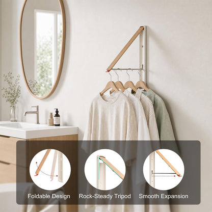 LEQ Clothes Drying Rack Wall Mounted, Foldable Laundry Drying Rack with Wood-Tone Aluminum Frame, Rustproof Retractable Clothes Hanger for Small Laundry Room, Bathroom, Balcony,White