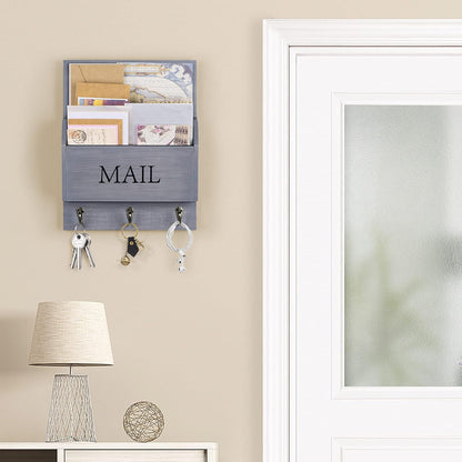 DLQuarts Mail Organizer with Key Holder for Wall, Mail Sorter Wall Mounted, Decorative Wooden Key and Mail Holder with 3 Hooks, Black