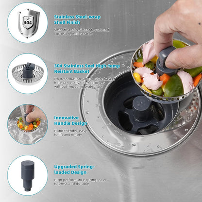 Hibbent 3 in 1 Kitchen Sink Drain Strainer, Stainless Steel Wrapped Shell Drain Stopper Combo, Pop Up Sink Stopper, 3 Anti-Clogging Basket Strainer with Foldable Handle for US Standard 3-1/2" Drain