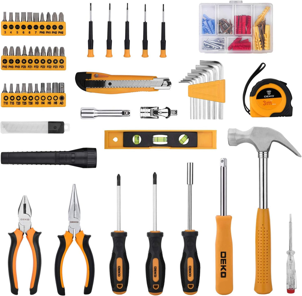 DEKOPRO 208 Piece Tool Set,General Household Hand Tool Kit, Auto Repair Tool Box with Plastic Toolbox Storage Case