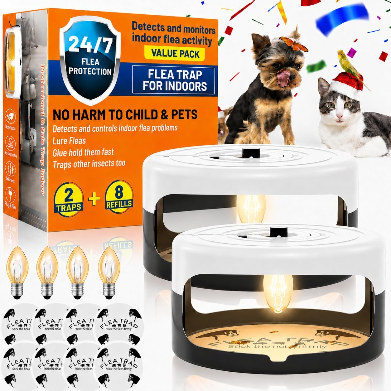 2 Pack Flea Traps for Inside Your Home, Indoor Flea Traps with 8 Sticky Pads, Flea Monitoring Trap for Home, Sticky Insect Catcher for Fleas, Moths & Gnats