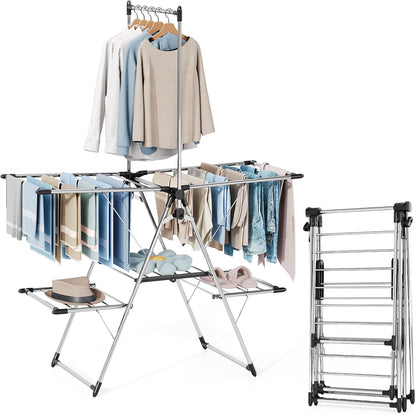 APEXCHASER Clothes Drying Rack with High Hanger, Foldable 3-Level Drying Racks with Shoe Rack, Crossbar and Vertical Rod Laundry Stand with Adjustable Wings Silver