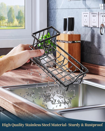 Consumest Sponge Holder for Kitchen Sink - Kitchen Sink Caddy Organizer with Removable Drip Tray for Countertop Dish Soap Dispenser Brush Storage Accessories 304 Stainless Steel - Black