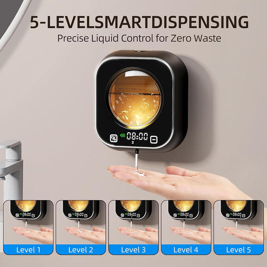 Automatic Foaming Soap Dispenser, Wall Mounted Soap Dispenser, 320ML Electric Smart Touchless Rechargeable, 5 Adjustable Foam Levels, No-Drill Waterproof for Bathroom, Kitchen, Office (Black)