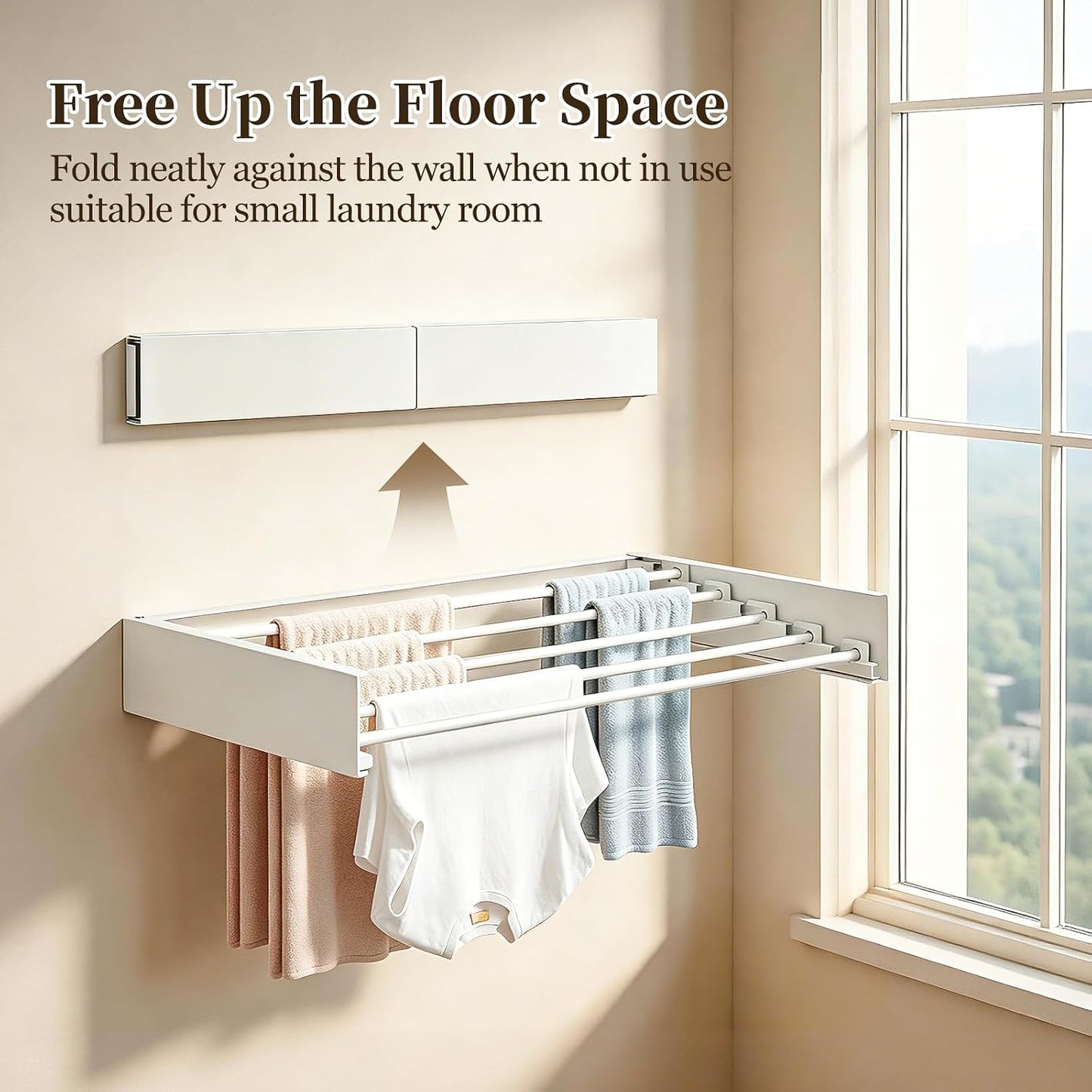 Wall Mounted Foldable Clothes Drying Rack Carbon Steel 5 Rods, Space-Saving Laundry Drying Rack with Wall Template (1, White, 31.5")