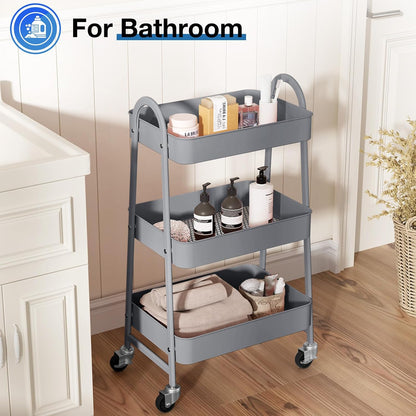 DUMOS 3 Tiers Rolling Cart, Utility Cart, Metal, White | Mobile Storage, Lockable Wheels, Utility Shelving Unit, Kitchen, Bathroom, Laundry, Narrow Places