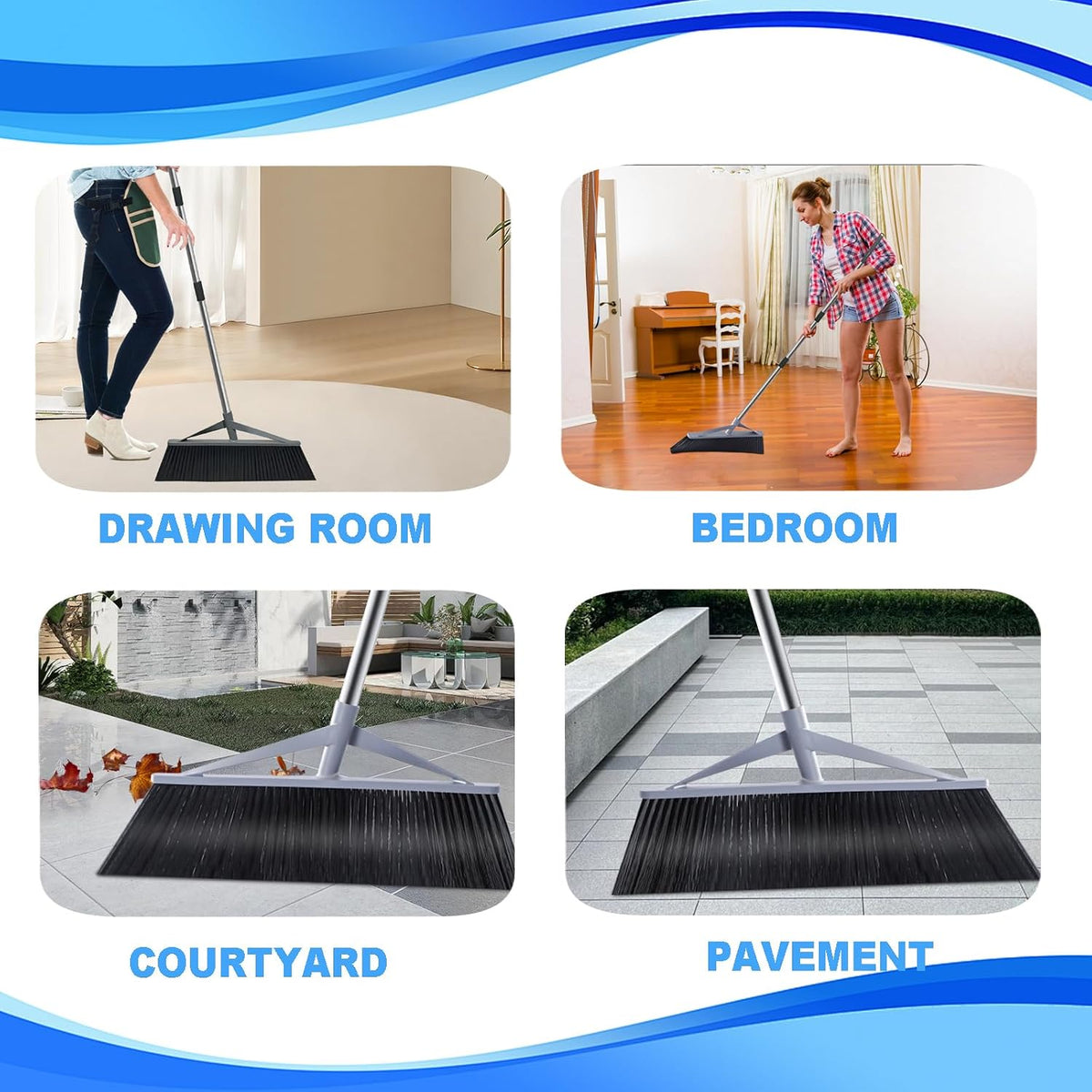 17.7inch Wide Large Broom for Sweeping Indoor or Outdoor, Whole Length 57inch Long Handle Heavy Duty Broom with Soft Bristle