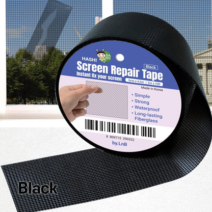 HA SHI Screen Repair Kit for Windows or Doors (2" x 6.5FT, Black) 3-Layer Strong Adhesive Tape, Made in Korea, Ease-Installation Fiberglass Covering Mesh