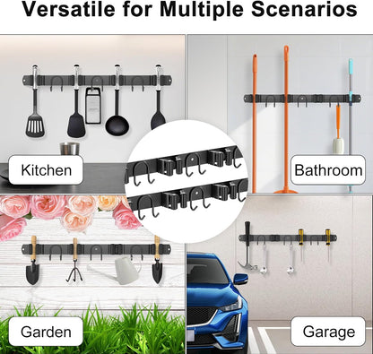 Broom Holder Wall Mount, Stainless Steel Mop Hanger with 4 Slots 6 Hooks, Tool Storage Wall Organizer for Kitchen Garden Garage Laundry Room Bathroom and RV, Black 1-Pack