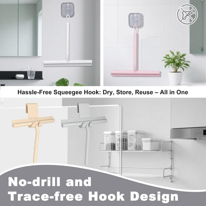Squeegee for Shower Glass Doors, Resilient Loop - No-Drill & Adhesive Hook, Silicone Shower Squeegee with Stainless Steel Core, Cleaning Tool for Home, Kitchen, Bathroom & Car - Black