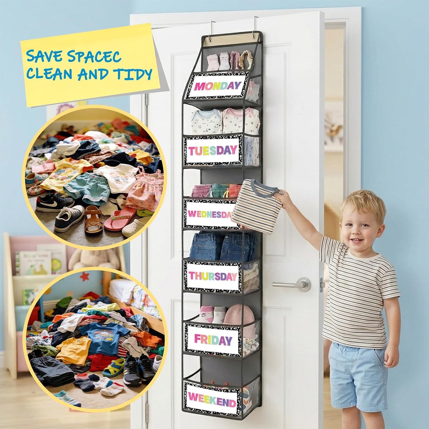 2 Pack Weekly Clothes Organizer for Kids, 6 Shelf Hanging Closet Organizer with Clear Window, Foldable Days of the Week Over the Door Outfit Organizer with Labels for Closet School