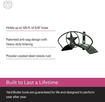 Yard Butler Heavy Duty Wall-Mounted Hose Hanger - Garden Hose Holder for Convenient Organization - Holds up to 125 Feet - Powder Coated Steel - Heavy Duty Bracing - Classic Design, Green